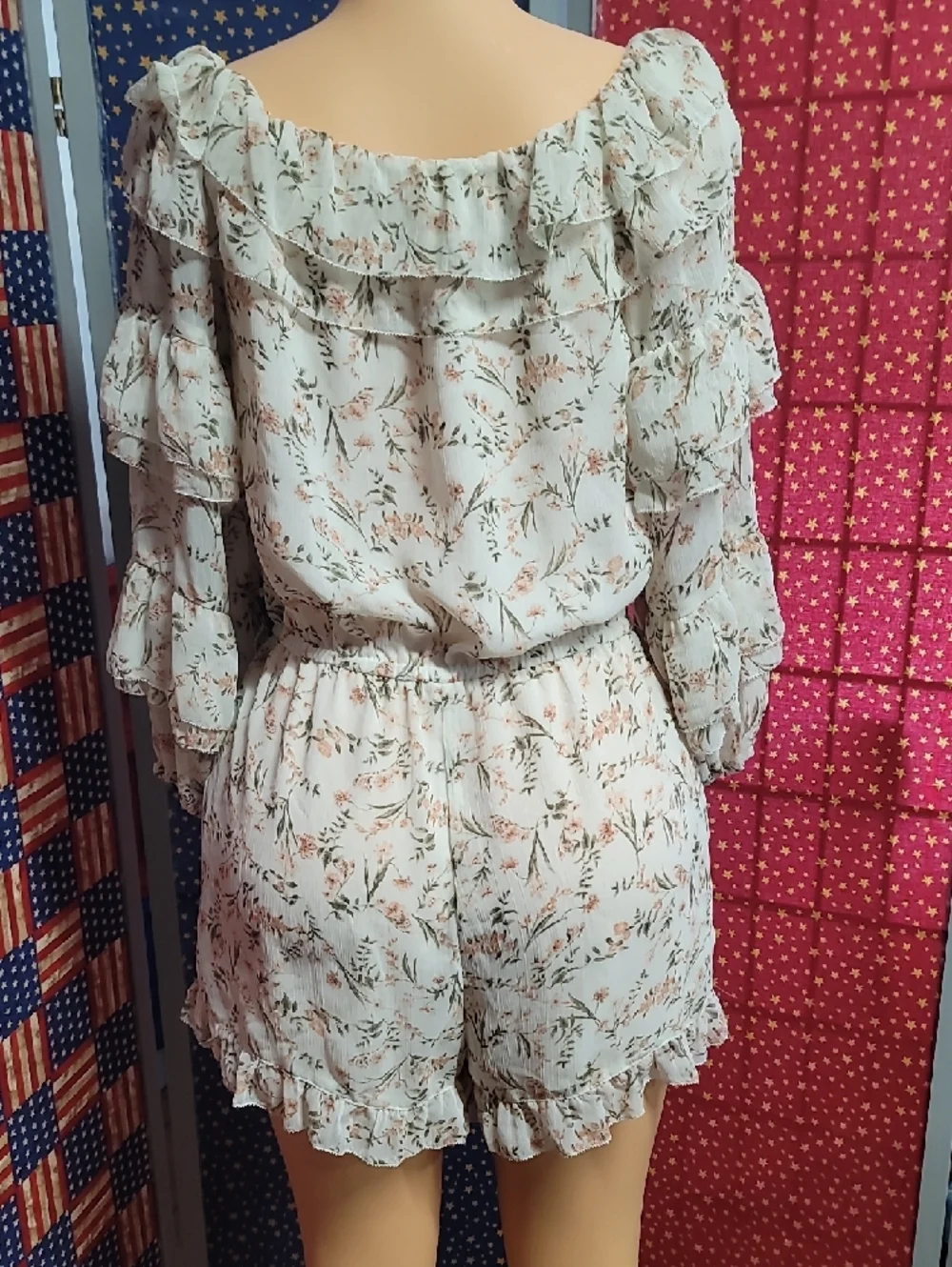 Floral Off-Shoulder Ruffle Romper - Light Mint - Picture 3 of 5